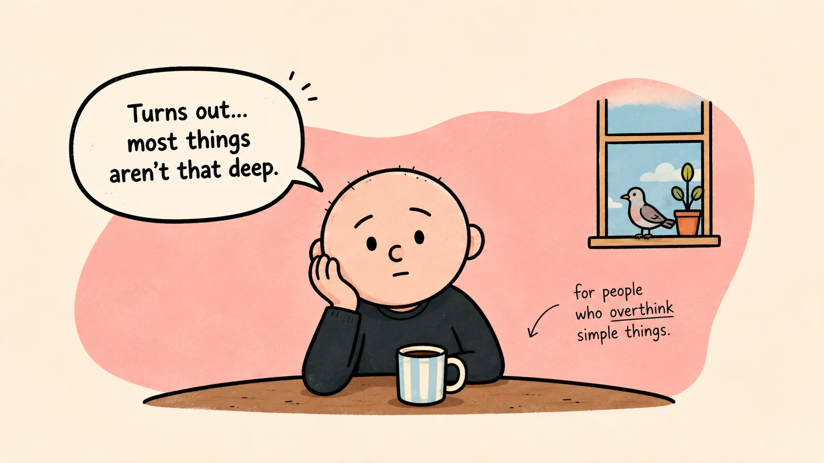 bitodd illustrated character thinking over a mug beside a window